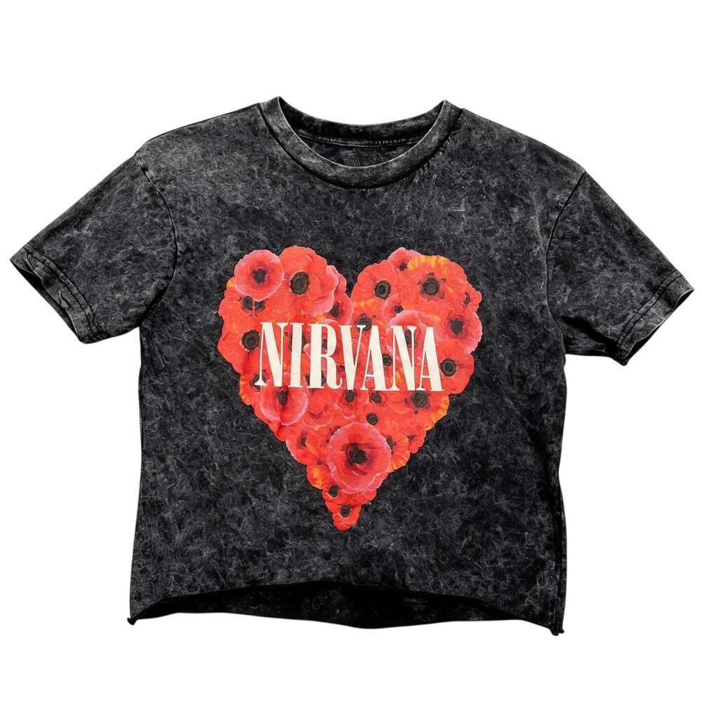 Nirvana Gray Poppy Heart Graphic Print T-Shirt Womens Small Cotton Short Sleeve